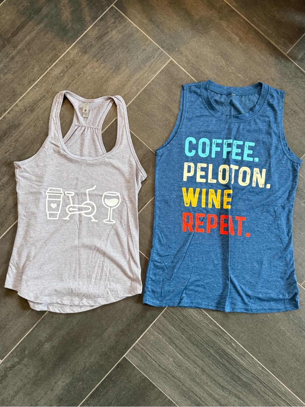 Peloton Tanks Light Heather Gray Racerback Tank & blue muscle tank. Size S